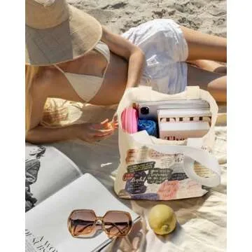 Miss Adola Aesthetic Heavy Canvas Tote Bag with Pocket for Women, Chic Bible Quote Collages Design Casual Sturdy Christian Cloth Cotton Gusseted Totes Bag with Pattern for Vacation, Shopping, Gym