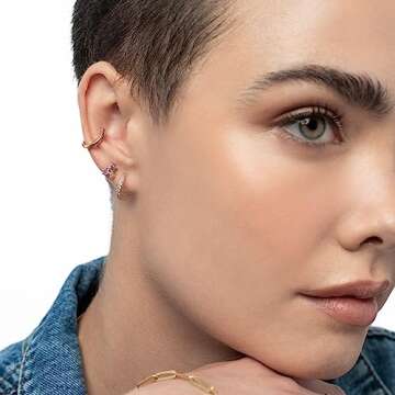 Oak & Luna - Designer Trio Cubic Zirconia / Wave Hoop Stud Earring in Sterling Silver 0.925, Gold Ve...