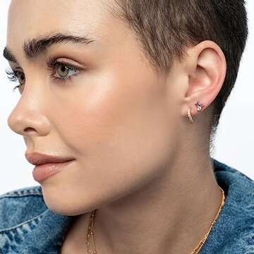 Oak & Luna - Designer Trio Cubic Zirconia / Wave Hoop Stud Earring in Sterling Silver 0.925, Gold Vermeil - Dainty Gift For Girlfriend, Mom, Her, Women - Fashionable Jewelry For Mother's Day,