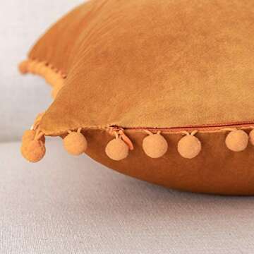 Ashler Throw Pillow Cases with Soft Pom Poms Velvet Plush Vibrant Elegant Cushion Covers, Pack of 2, Orange 24 x 24 inches 60 x 60 cm