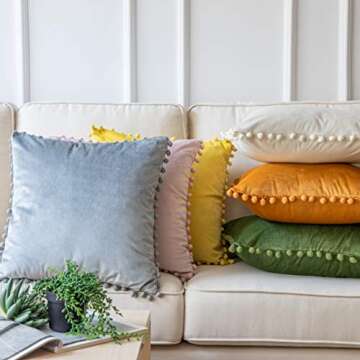 Ashler Throw Pillow Cases with Soft Pom Poms Velvet Plush Vibrant Elegant Cushion Covers, Pack of 2, Orange 24 x 24 inches 60 x 60 cm