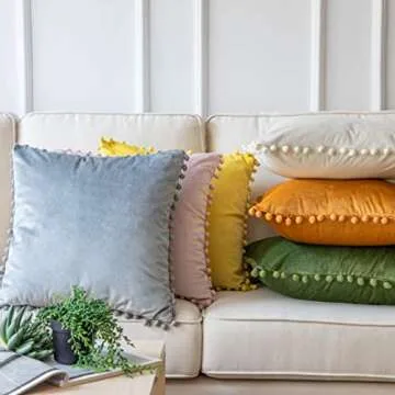 Ashler Throw Pillow Cases with Soft Pom Poms Velvet Plush Vibrant Elegant Cushion Covers, Pack of 2, Orange 24 x 24 inches 60 x 60 cm