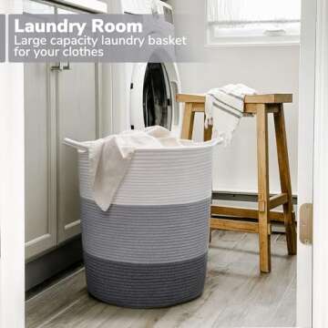 INDRESSME 17¾ x 15¾ x 13¾ inches Grey Baby Laundry Basket Thread Cotton Rope Basket Toy Storage B...