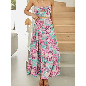 ANRABESS Women’s Summer Boho Flowy Swing Tiered A-Line Midi Skirt 2025 Fashion Trendy Elastic Waist Pleated Long Beach Dress with Pockets Large Floral Small