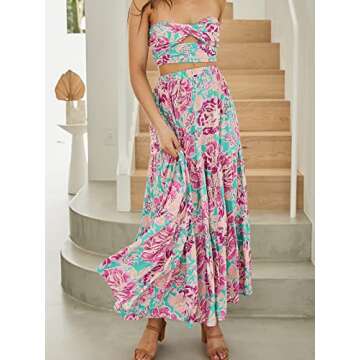 ANRABESS Women’s Summer Boho Flowy Swing Tiered A-Line Midi Skirt 2025 Fashion Trendy Elastic Waist Pleated Long Beach Dress with Pockets Large Floral Small