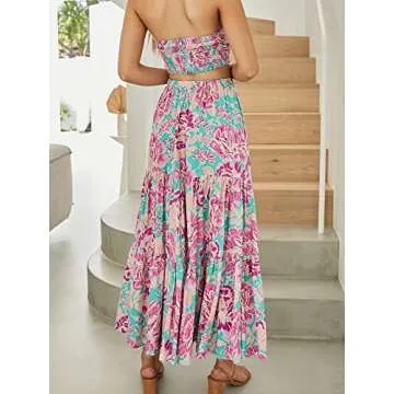 ANRABESS Women’s Summer Boho Flowy Swing Tiered A-Line Midi Skirt 2025 Fashion Trendy Elastic Waist Pleated Long Beach Dress with Pockets Large Floral Small