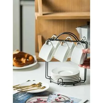 YHOSSEUN Espresso Cups Set with Saucers and Metal Stand Coffee Cup Set of 6 4 oz Cappuccino Cups Teacup for Tea Party - White