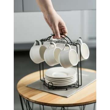 YHOSSEUN Espresso Cups Set with Saucers and Metal Stand Coffee Cup Set of 6 4 oz Cappuccino Cups Teacup for Tea Party - White