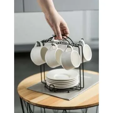 YHOSSEUN Espresso Cups Set with Saucers and Metal Stand Coffee Cup Set of 6 4 oz Cappuccino Cups Teacup for Tea Party - White