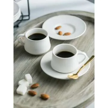 YHOSSEUN Espresso Cups Set with Saucers and Metal Stand Coffee Cup Set of 6 4 oz Cappuccino Cups Teacup for Tea Party - White