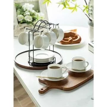YHOSSEUN Espresso Cups Set with Saucers and Metal Stand Coffee Cup Set of 6 4 oz Cappuccino Cups Teacup for Tea Party - White