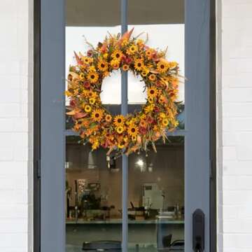 J'FLORU Artificial Fall Wreath 22 Inch Fall Wreaths for Front Door Autumn Wreath with Daisy and Lave...