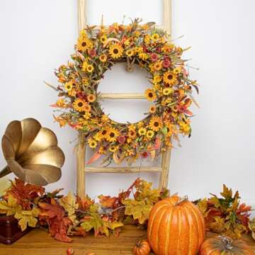 J'FLORU Artificial Fall Wreath 22 Inch Fall Wreaths for Front Door Autumn Wreath with Daisy and Lavender Berry Fall Leaves for Porch Farmhouse Thanksgiving Day Harvest Festival