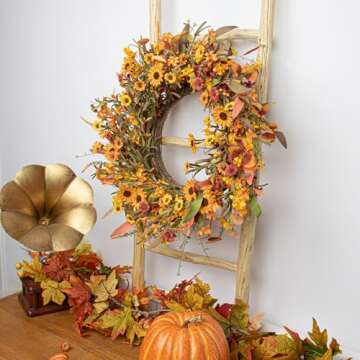 J'FLORU Artificial Fall Wreath 22 Inch Fall Wreaths for Front Door Autumn Wreath with Daisy and Lavender Berry Fall Leaves for Porch Farmhouse Thanksgiving Day Harvest Festival