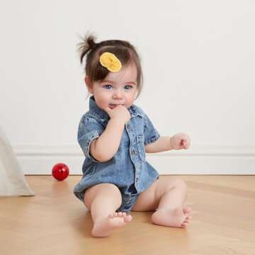 Newborn Baby Boy Girl Clothes Denim Button Bodysuit Shirt Oversized Lapel Short Sleeve Bubble Romper...