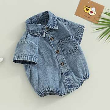 Newborn Baby Boy Girl Denim Button Bodysuit Shirt (Blue)