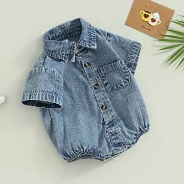 Newborn Baby Boy Girl Denim Button Bodysuit Shirt (Blue)