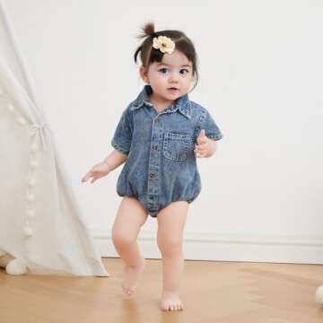 Newborn Baby Boy Girl Denim Button Bodysuit Shirt (Blue)