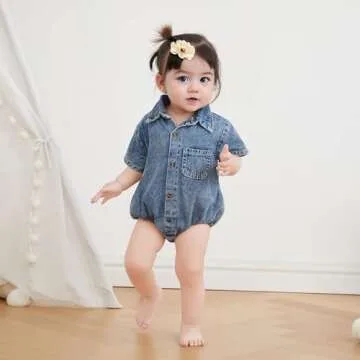 Newborn Baby Boy Girl Denim Button Bodysuit Shirt (Blue)