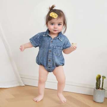Newborn Baby Boy Girl Denim Button Bodysuit Shirt (Blue)
