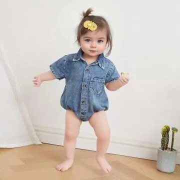 Newborn Baby Boy Girl Denim Button Bodysuit Shirt (Blue)