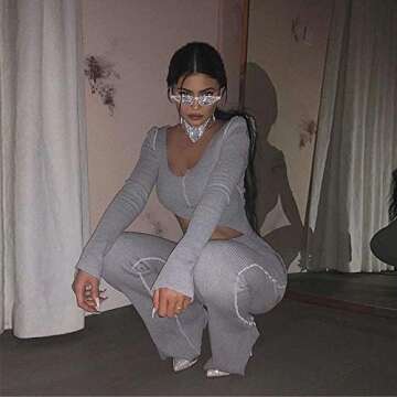 XLLAIS Women Fall Winter Rib Knit Pullover Sweater Top Long Flare Pants Set 2 Piece Outfits Sweatsuits Tracksuit Grey M