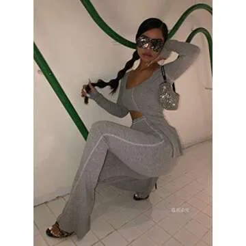 XLLAIS Women Fall Winter Rib Knit Pullover Sweater Top Long Flare Pants Set 2 Piece Outfits Sweatsuits Tracksuit Grey M