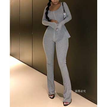 XLLAIS Women Fall Winter Rib Knit Pullover Sweater Top Long Flare Pants Set 2 Piece Outfits Sweatsuits Tracksuit Grey M