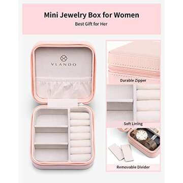 Vlando PU Leather Small Jewelry Travel Organizer, Travel Jewelry Case for Ring, Mini Jewelry Box for Earring, Necklace, Bracelet - Pink