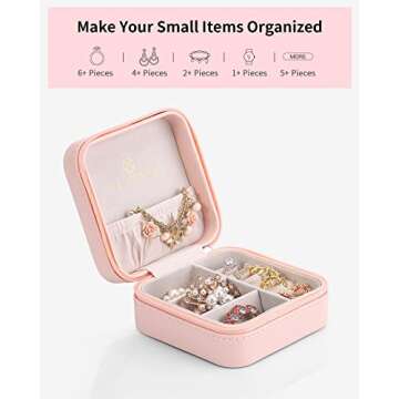 Vlando PU Leather Small Jewelry Travel Organizer, Travel Jewelry Case for Ring, Mini Jewelry Box for Earring, Necklace, Bracelet - Pink