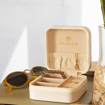 Vlando PU Leather Small Jewelry Travel Organizer, Travel Jewelry Case for Ring, Mini Jewelry Box for Earring, Necklace, Bracelet - Pink