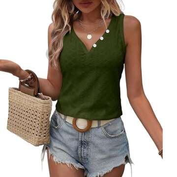 KILISU Womens V Neck Short Sleeve Embroidery Shirts Casual Loose Tops Dressy Blouses Army Green
