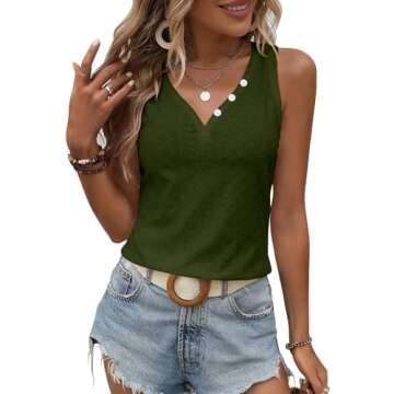 KILISU Womens V Neck Short Sleeve Embroidery Shirts Casual Loose Tops Dressy Blouses Army Green