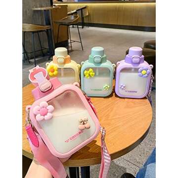 NUFR 25 Oz Cute Square Water Bottle with Aesthetic Stickers, Transparent Portable Canteen with Floral Chain (Purple)