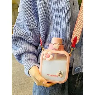 NUFR 25 Oz Cute Square Water Bottle with Aesthetic Stickers, Transparent Portable Canteen with Floral Chain (Purple)