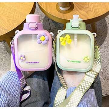 NUFR 25 Oz Cute Square Water Bottle with Aesthetic Stickers, Transparent Portable Canteen with Floral Chain (Purple)
