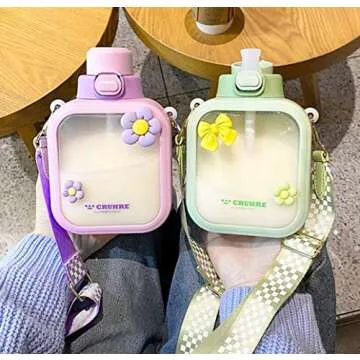 NUFR 25 Oz Cute Square Water Bottle with Aesthetic Stickers, Transparent Portable Canteen with Floral Chain (Purple)