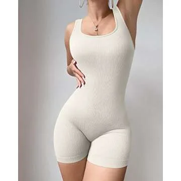 YIOIOIO Women Yoga Romper Workout Ribbed Square Neck One Piece Seamless Tank Top Jumpsuit