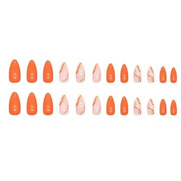 RikView Almond Press on Nails Medium Length Fake Nails Orange Nails with Swirls Design Glossy Nails for Women and Girls