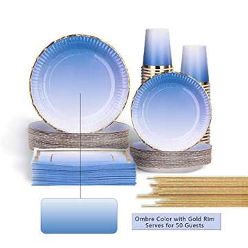 Ottin 250PCS Ombre Royal Blue Party Supplies Paper Plates and Napkins Set for Birthday Wedding Party Bridal Shower Mother's Day Blue Themed Party