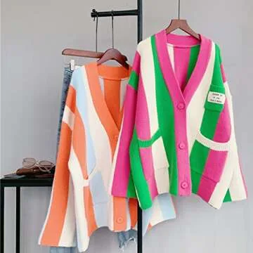 JASCLS Winter Long Sleeve Cable Knitted Color Block Boho Sweater Cardigans Chunky Sweater Cardigans for Women