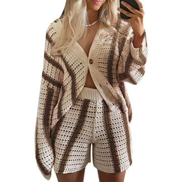 Gihuo Women' s Y2K 2 Piece Knit Outfits Striped Sweater Shorts Set Color Block Long Sleeve Button Up Shirts Shorts(Coffee-L)