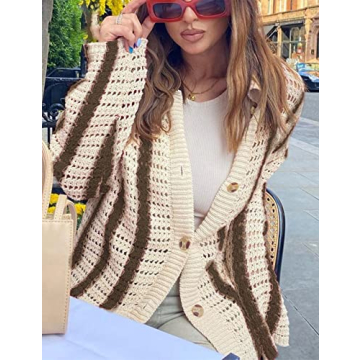 Gihuo Women' s Y2K 2 Piece Knit Outfits Striped Sweater Shorts Set Color Block Long Sleeve Button Up Shirts Shorts(Coffee-L)