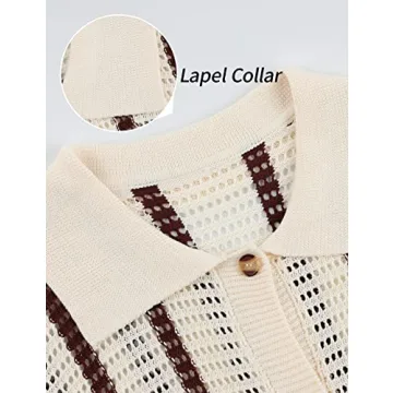 Gihuo Women' s Y2K 2 Piece Knit Outfits Striped Sweater Shorts Set Color Block Long Sleeve Button Up Shirts Shorts(Coffee-L)