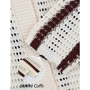 Gihuo Women' s Y2K 2 Piece Knit Outfits Striped Sweater Shorts Set Color Block Long Sleeve Button Up Shirts Shorts(Coffee-L)