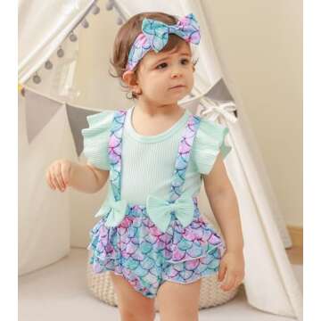 UNICOMIDEA Infant Girls Mermaid Outfit Cute Ruffle Sleeves Baby Girls Summer Dress 6-12 Months Romper Withh Headband Modest 1st Girls Birthday Jumpsuit Light Blue Baby Party Bodysuit
