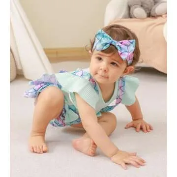 UNICOMIDEA Infant Girls Mermaid Outfit Cute Ruffle Sleeves Baby Girls Summer Dress 6-12 Months Romper Withh Headband Modest 1st Girls Birthday Jumpsuit Light Blue Baby Party Bodysuit