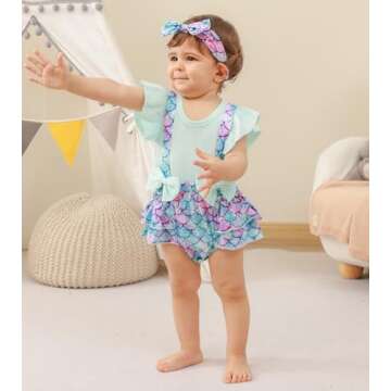 UNICOMIDEA Infant Girls Mermaid Outfit Cute Ruffle Sleeves Baby Girls Summer Dress 6-12 Months Romper Withh Headband Modest 1st Girls Birthday Jumpsuit Light Blue Baby Party Bodysuit