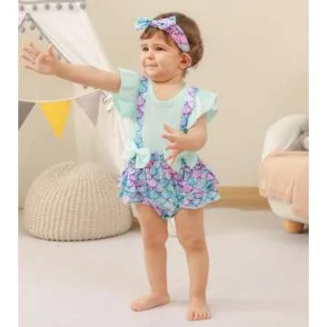 UNICOMIDEA Infant Girls Mermaid Outfit Cute Ruffle Sleeves Baby Girls Summer Dress 6-12 Months Romper Withh Headband Modest 1st Girls Birthday Jumpsuit Light Blue Baby Party Bodysuit
