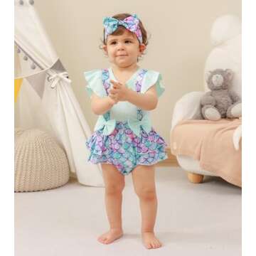 UNICOMIDEA Infant Girls Mermaid Outfit Cute Ruffle Sleeves Baby Girls Summer Dress 6-12 Months Romper Withh Headband Modest 1st Girls Birthday Jumpsuit Light Blue Baby Party Bodysuit